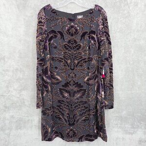 Vince Camuto Velvet Burnout Shift Dress 8 Black Purple Copper Baroque Leaf New
